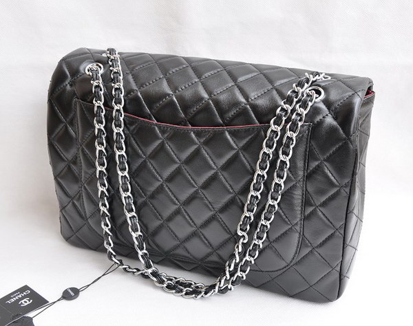 7A Replica Chanel Maxi Black Lambskin Leather with Silver Hardware Flap Bag